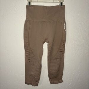 Gymshark Leggings Womens Medium  Tan Beige Cropped Stretch Gym Yoga Pants Eyelet